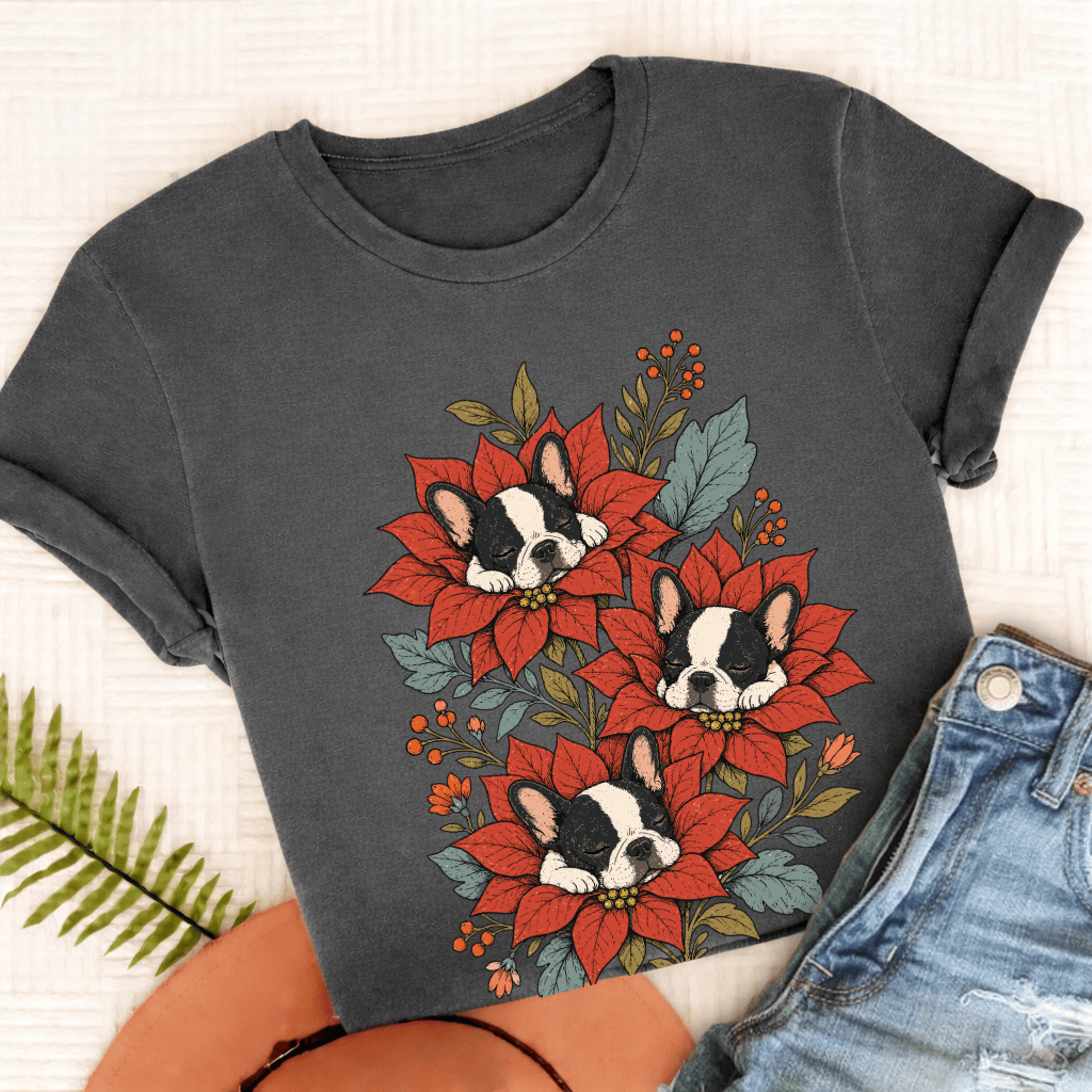 Custom Frenchie Christmas Flowers Sleeping UnisexTShirt Pepper