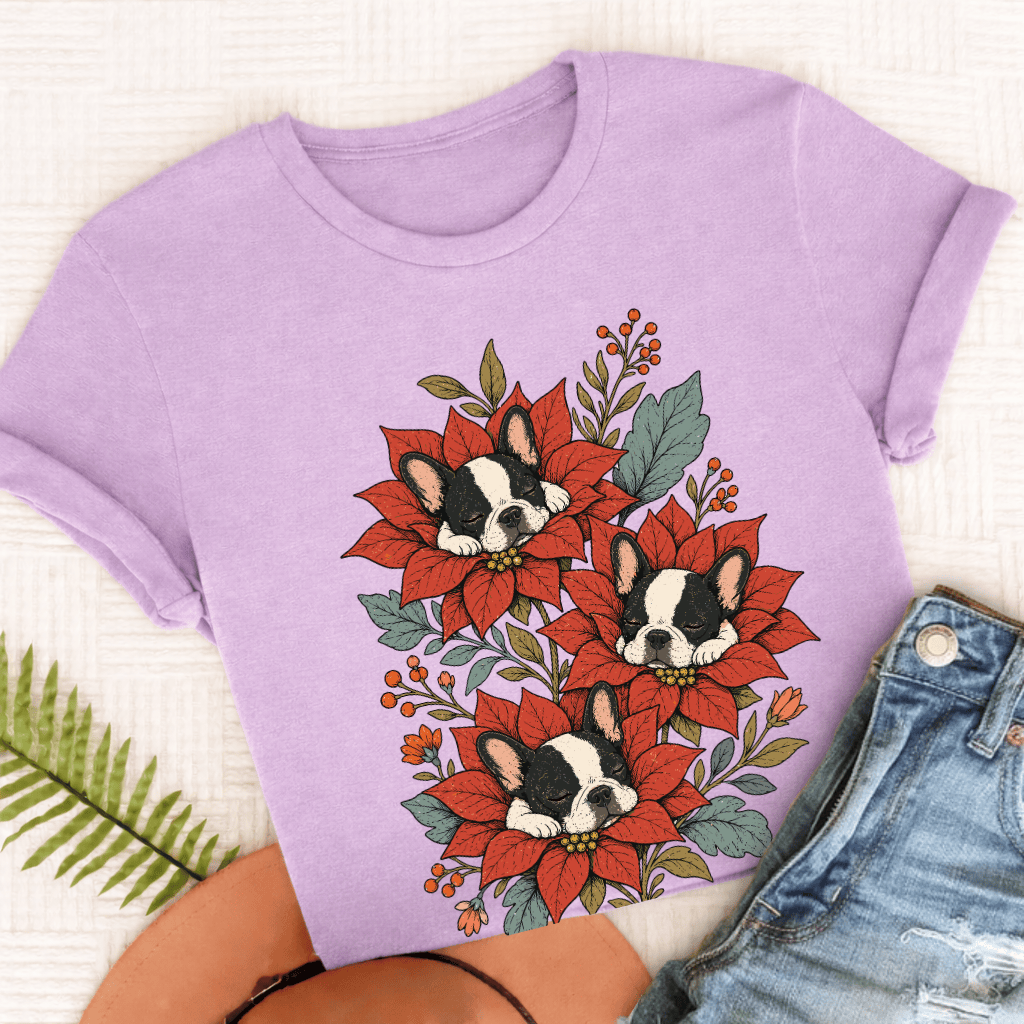 Custom Frenchie Christmas Flowers Sleeping UnisexTShirt Orchid