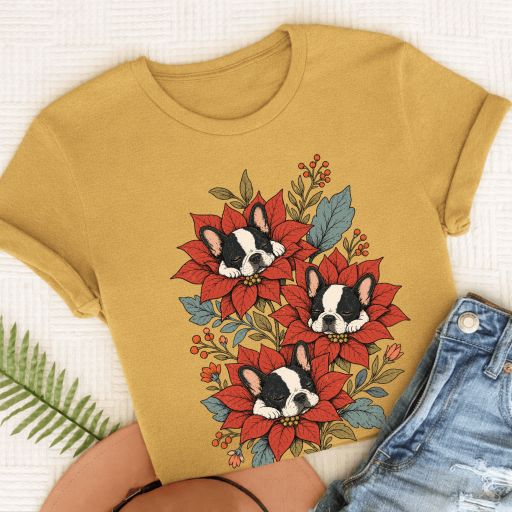 Custom Frenchie Christmas Flowers Sleeping UnisexTShirt Mustard