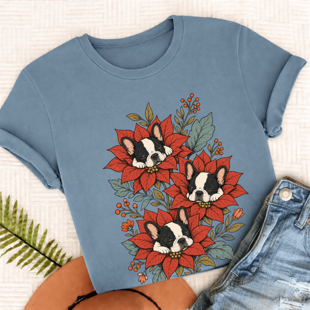 Custom Frenchie Christmas Flowers Sleeping UnisexTShirt Ice Blue