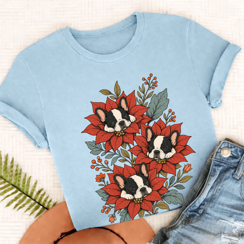 Custom Frenchie Christmas Flowers Sleeping UnisexTShirt Chambray