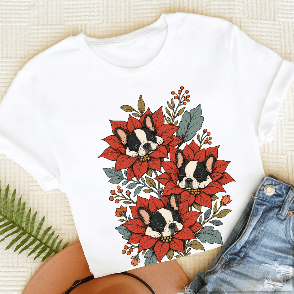 Custom Frenchie Christmas Flowers Sleeping UnisexTShirt White