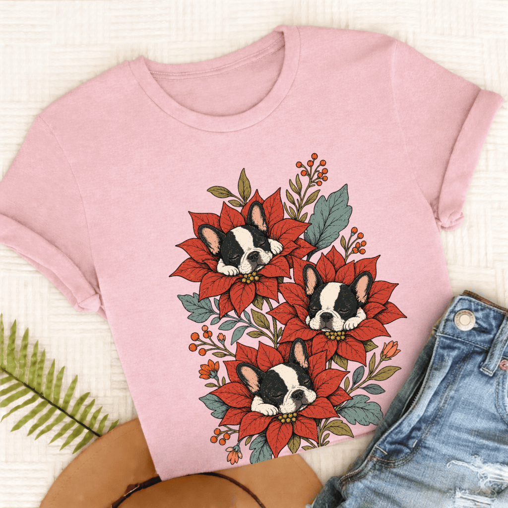 Custom Frenchie Christmas Flowers Sleeping UnisexTShirt Blossom