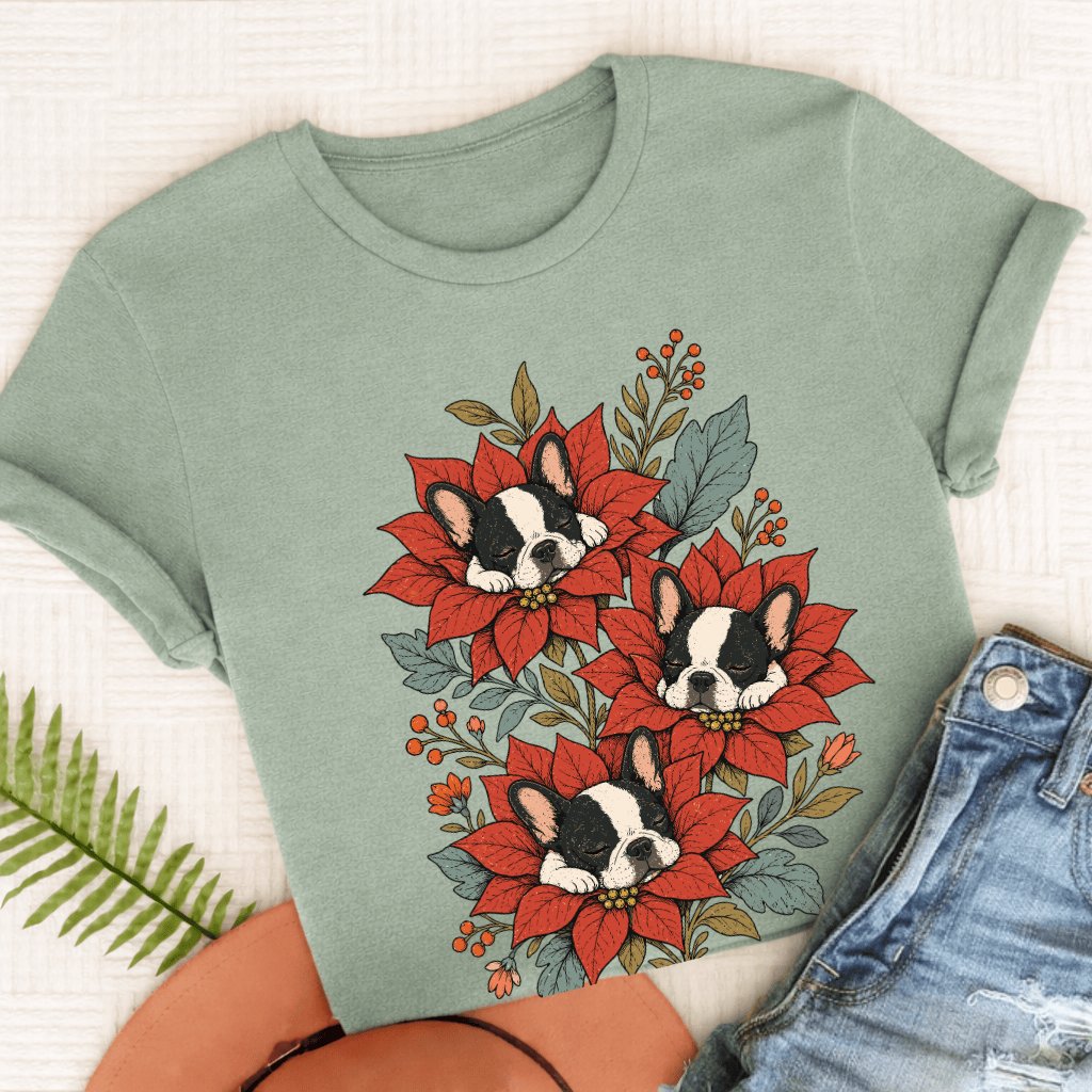 Custom Frenchie Christmas Flowers Sleeping UnisexTShirt Bay