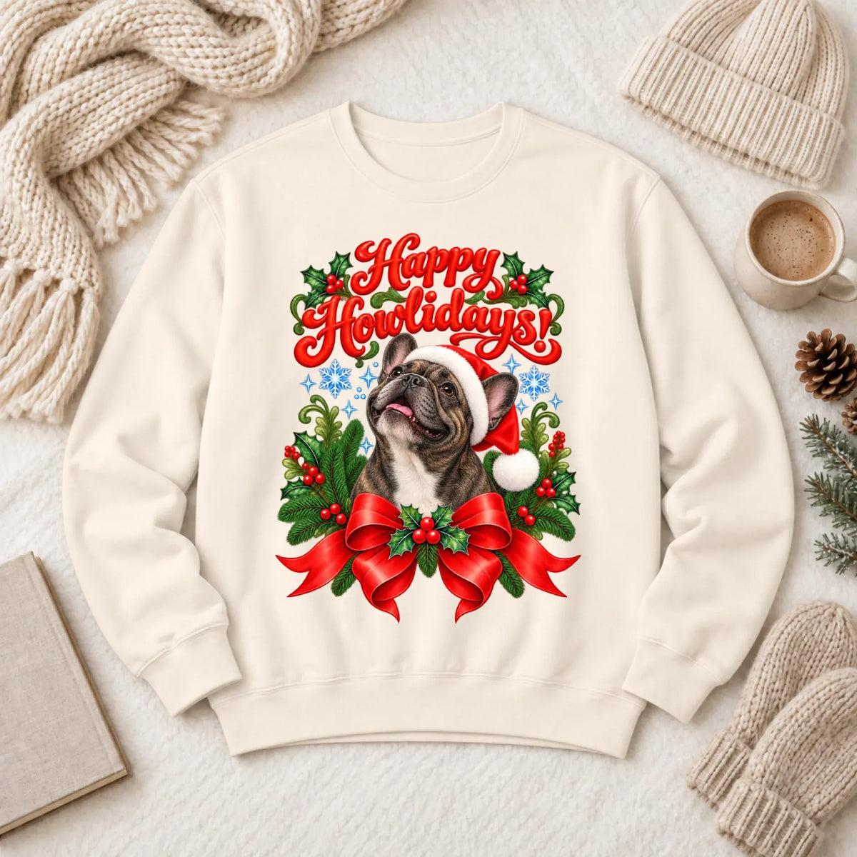 Custom Frenchie Christmas Howlidays Unisex Sweatshirt Ivory