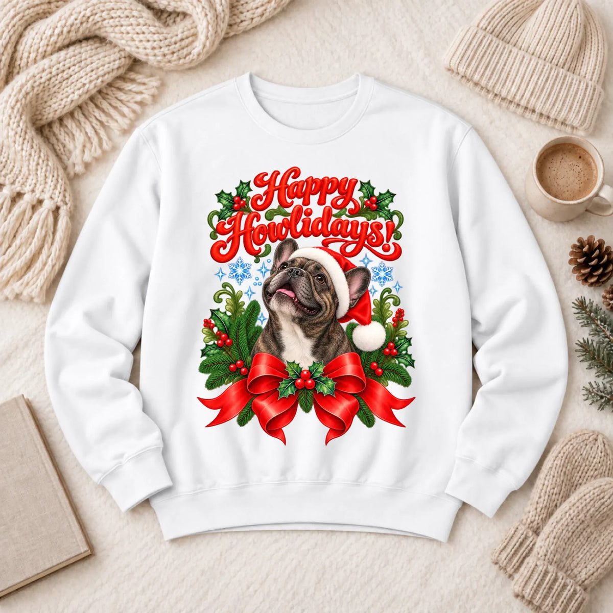 Custom Frenchie Christmas Howlidays Unisex Sweatshirt White