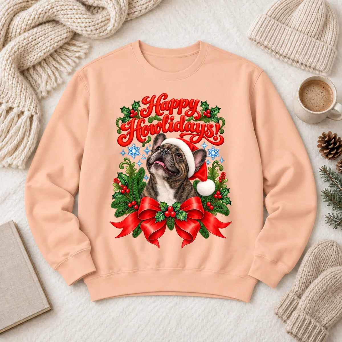 Custom Frenchie Christmas Howlidays Unisex Sweatshirt Peachy