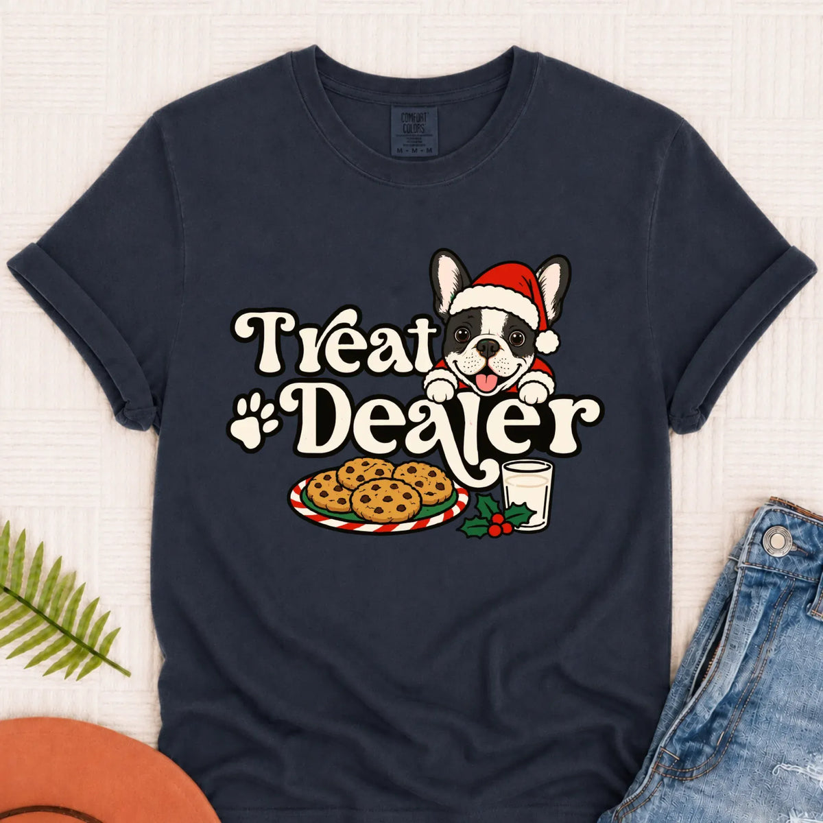 Custom Frenchie Christmas Treat Dealer Unisex Tshirt Navy