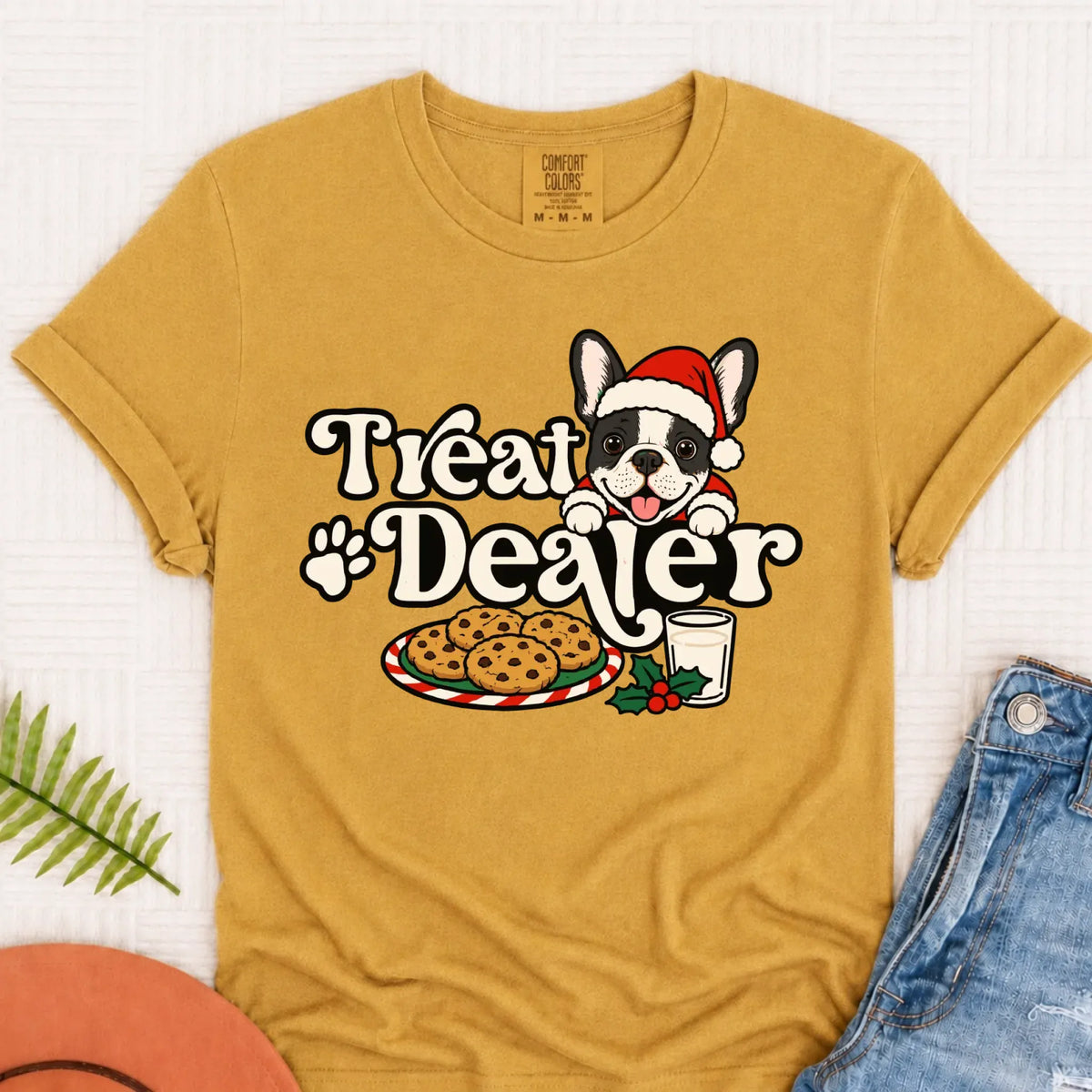 Custom Frenchie Christmas Treat Dealer Unisex Tshirt Mustard