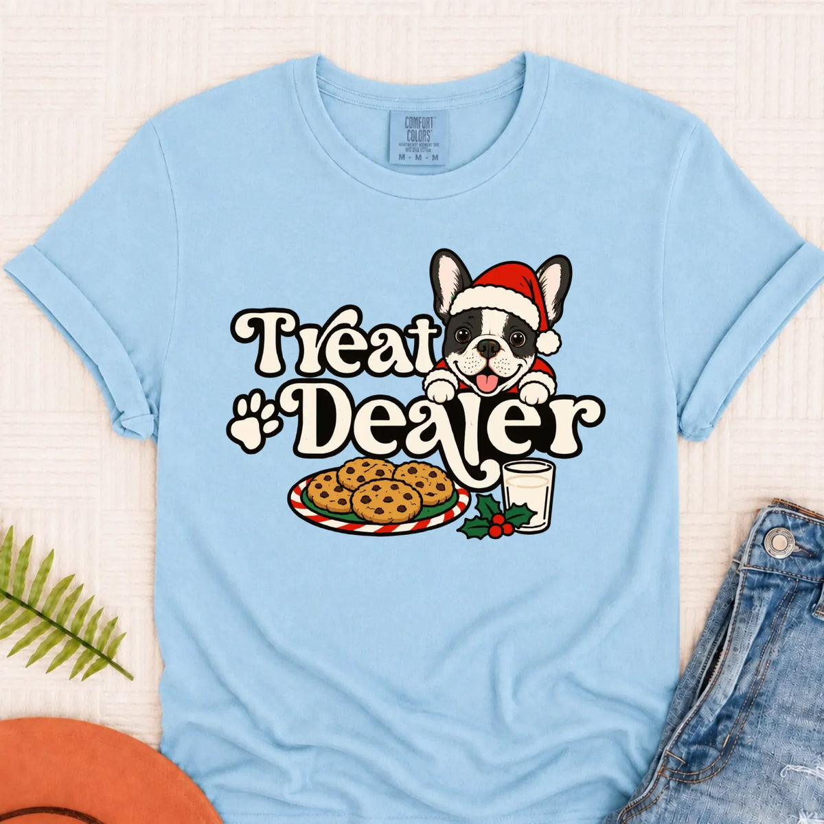 Custom Frenchie Christmas Treat Dealer Unisex Tshirt Chambray