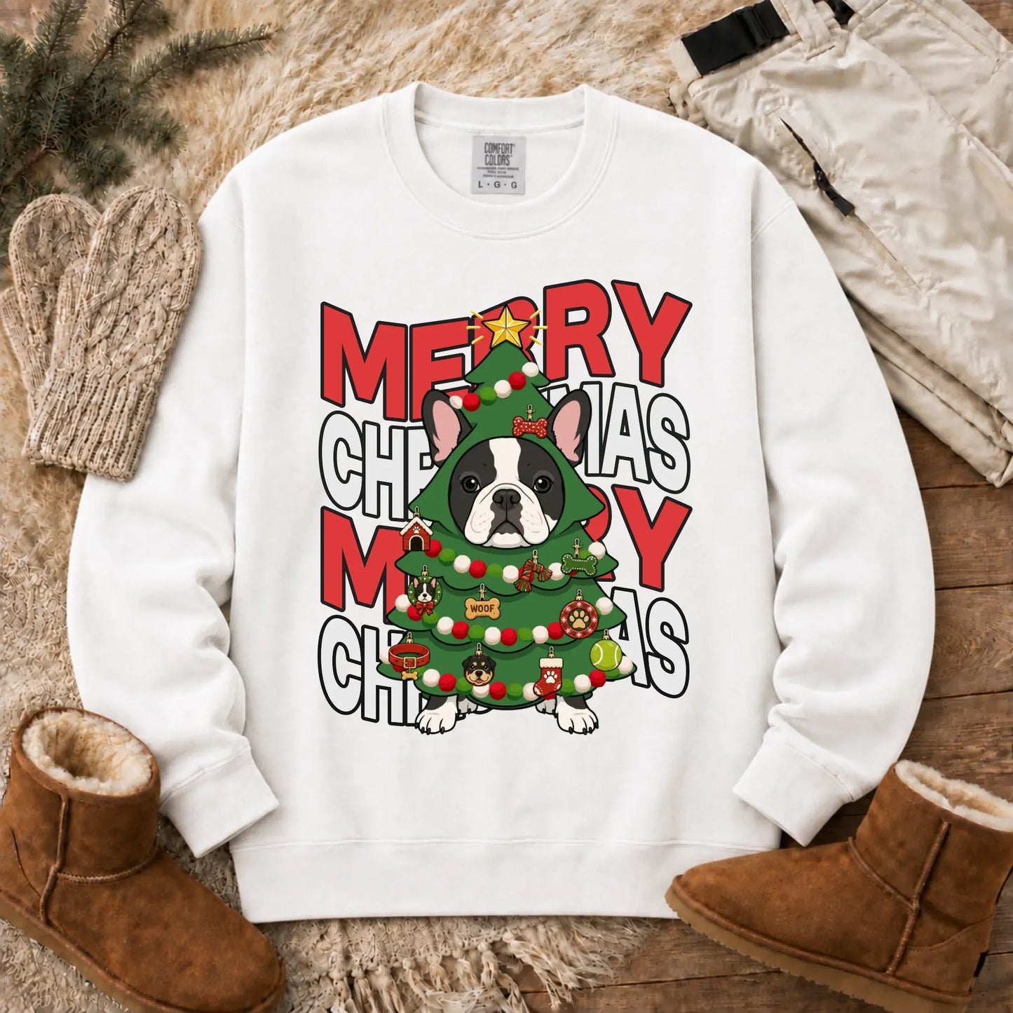 Custom Frenchie Christmas Tree Unisex Sweatshirt White