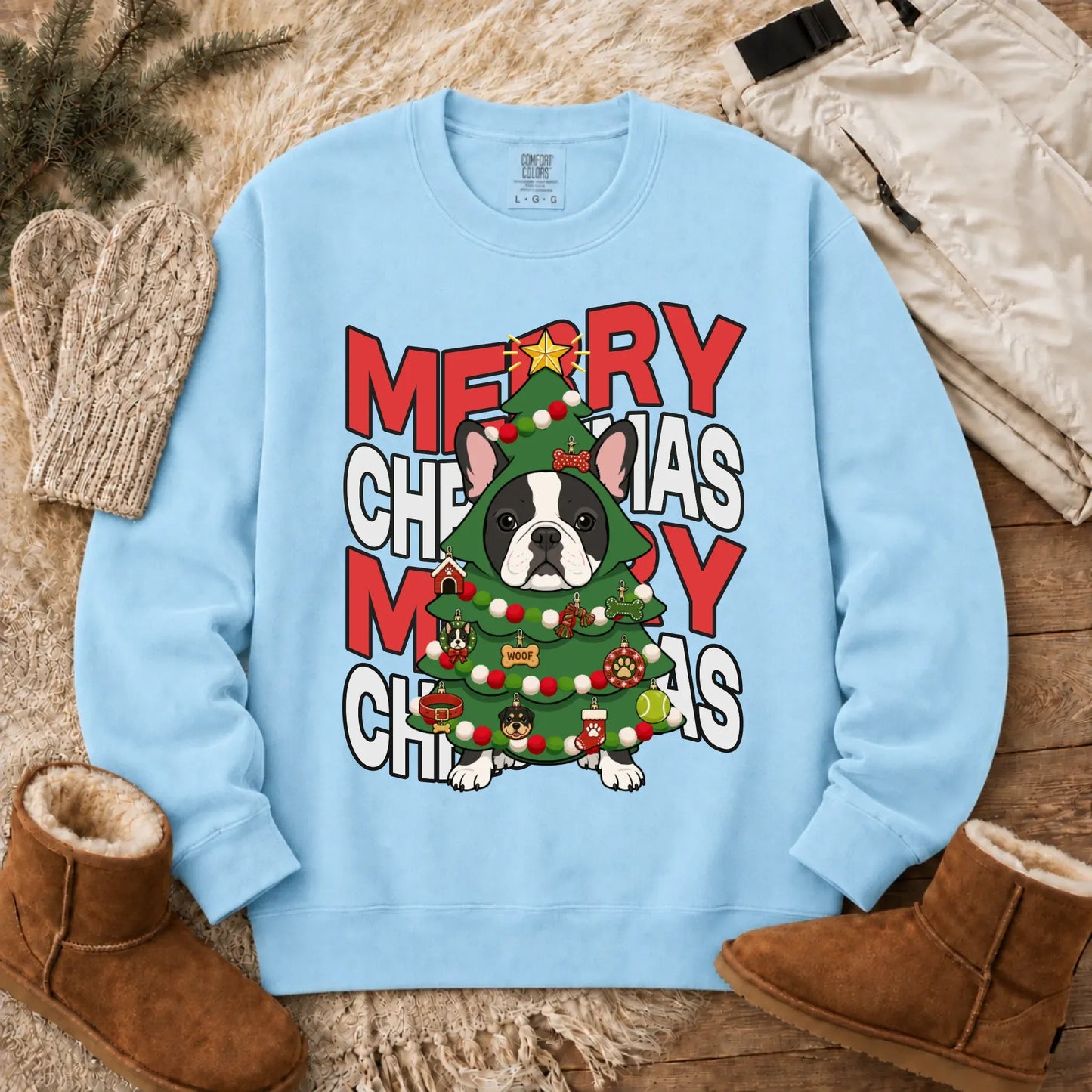 Custom Frenchie Christmas Tree Unisex Sweatshirt Chambray