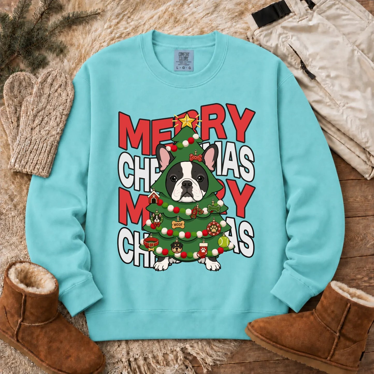 Custom Frenchie Christmas Tree Unisex Sweatshirt Chalky Mint