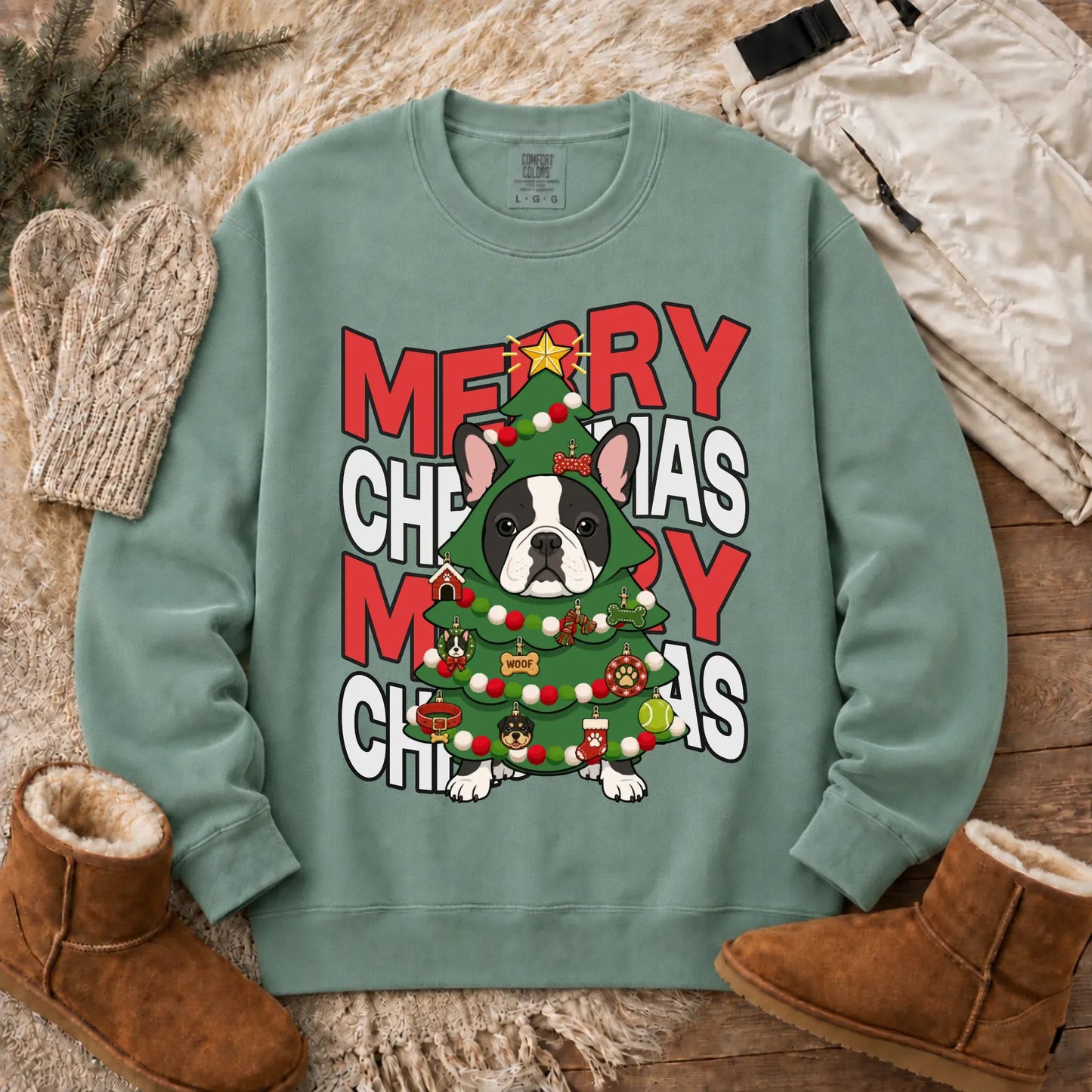 Custom Frenchie Christmas Tree Unisex Sweatshirt Light Green