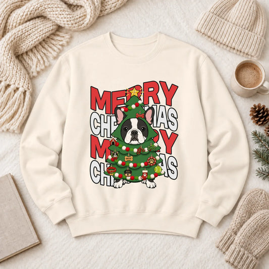 Custom Frenchie Christmas Tree Unisex Sweatshirt Ivory