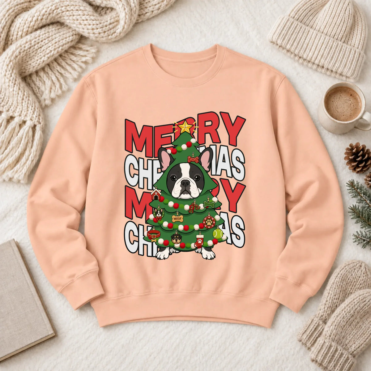 Custom Frenchie Christmas Tree Unisex Sweatshirt Peachy
