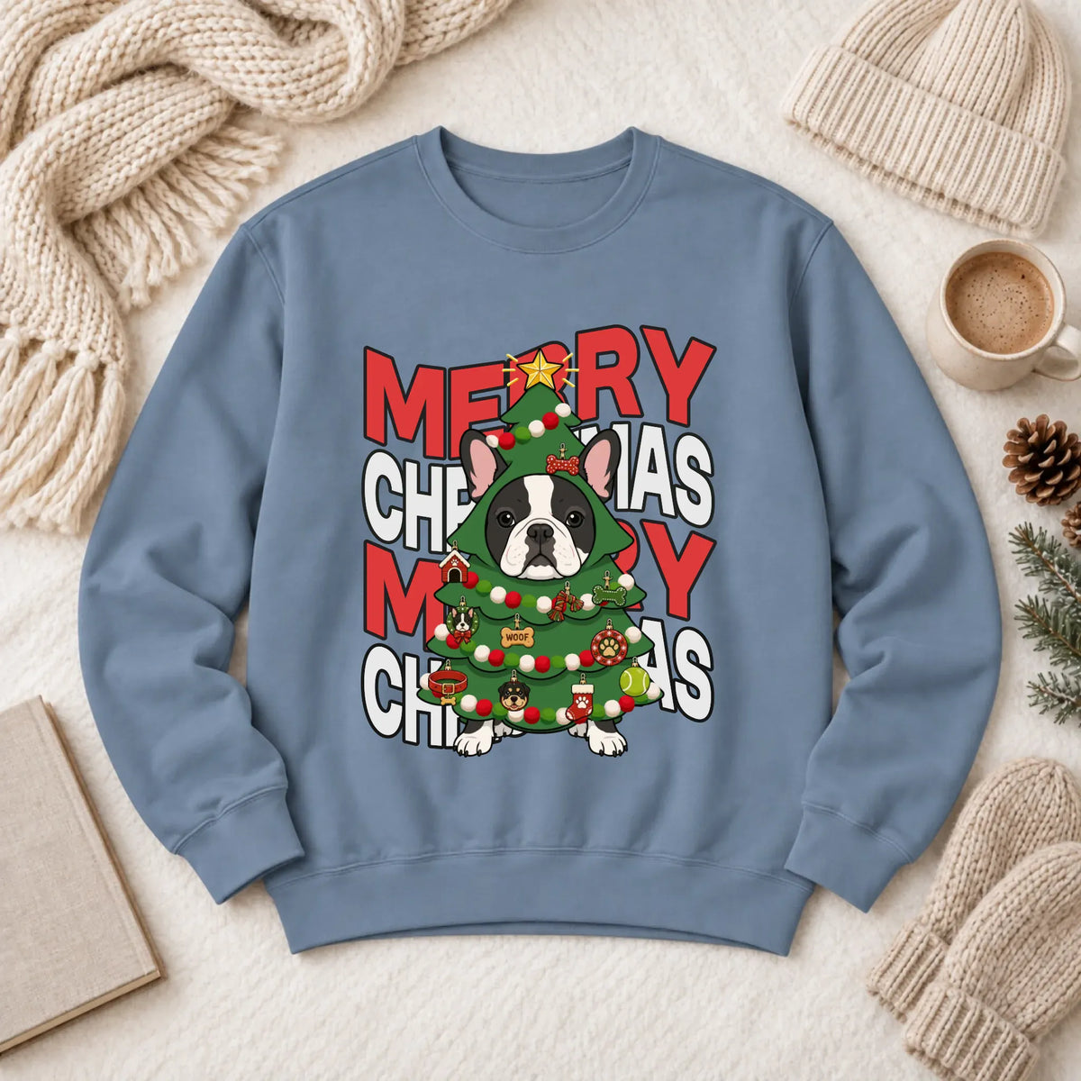 Custom Frenchie Christmas Tree Unisex Sweatshirt Blue Jean