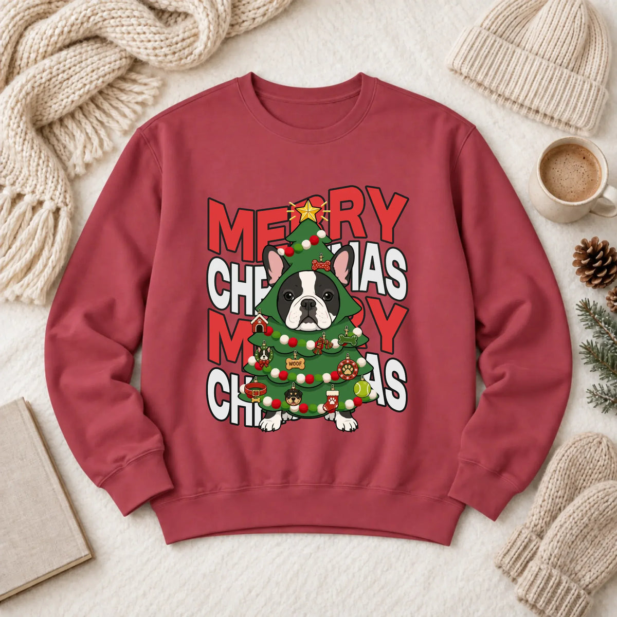 Custom Frenchie Christmas Tree Unisex Sweatshirt Crimson
