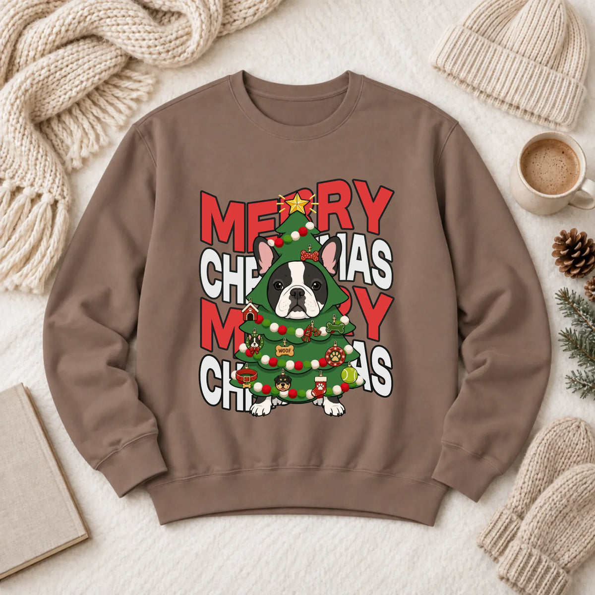 Custom Frenchie Christmas Tree Unisex Sweatshirt Espresso