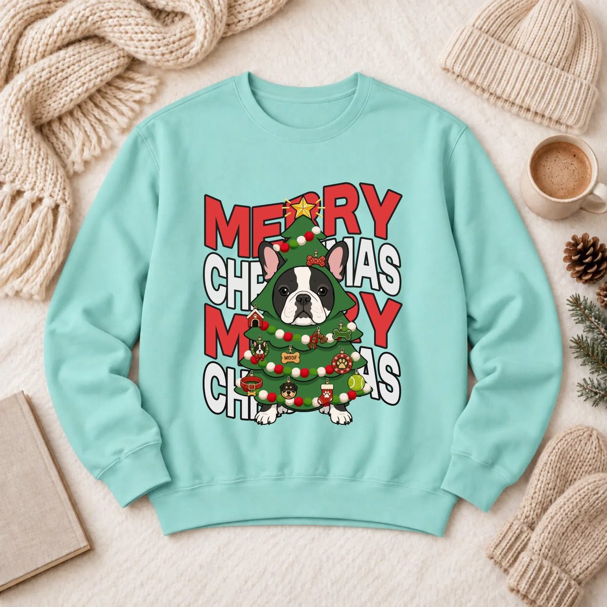 Custom Frenchie Christmas Tree Unisex Sweatshirt Chalky Mint