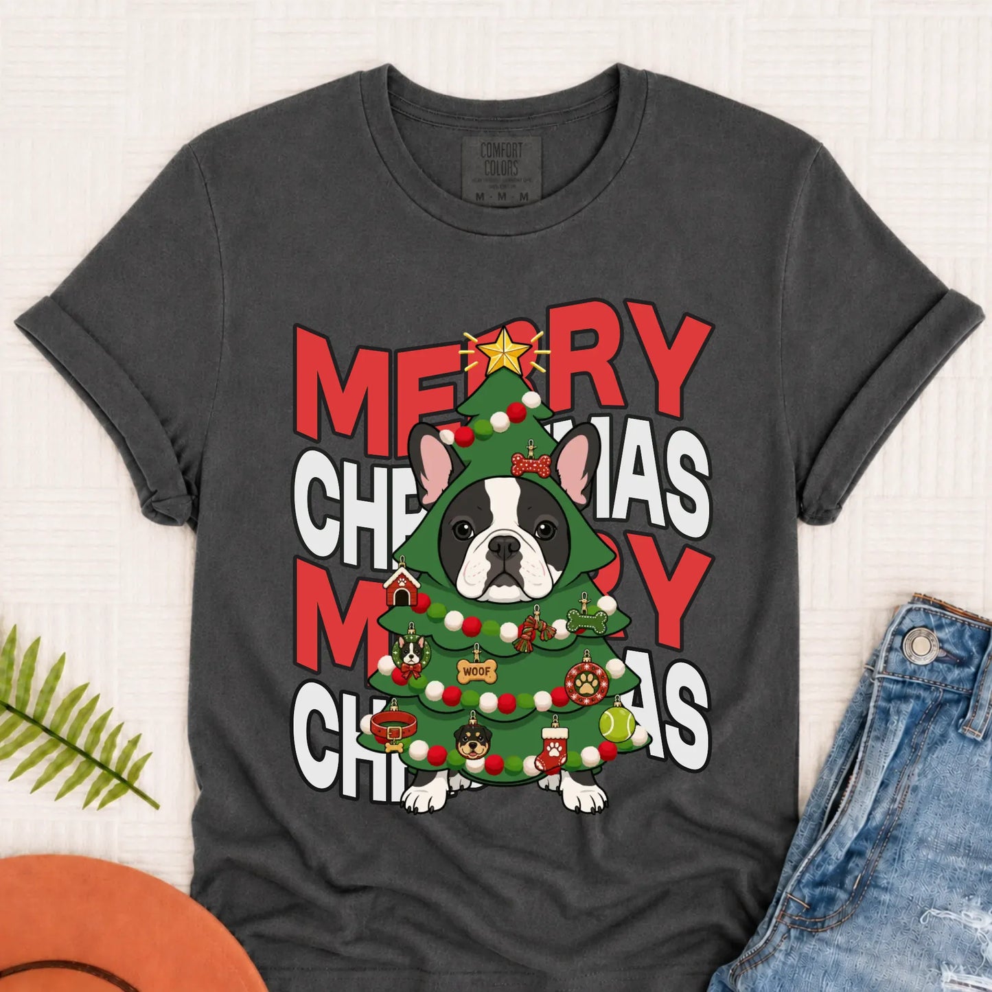 Custom Frenchie Christmas Tree Unisex TShirt Pepper