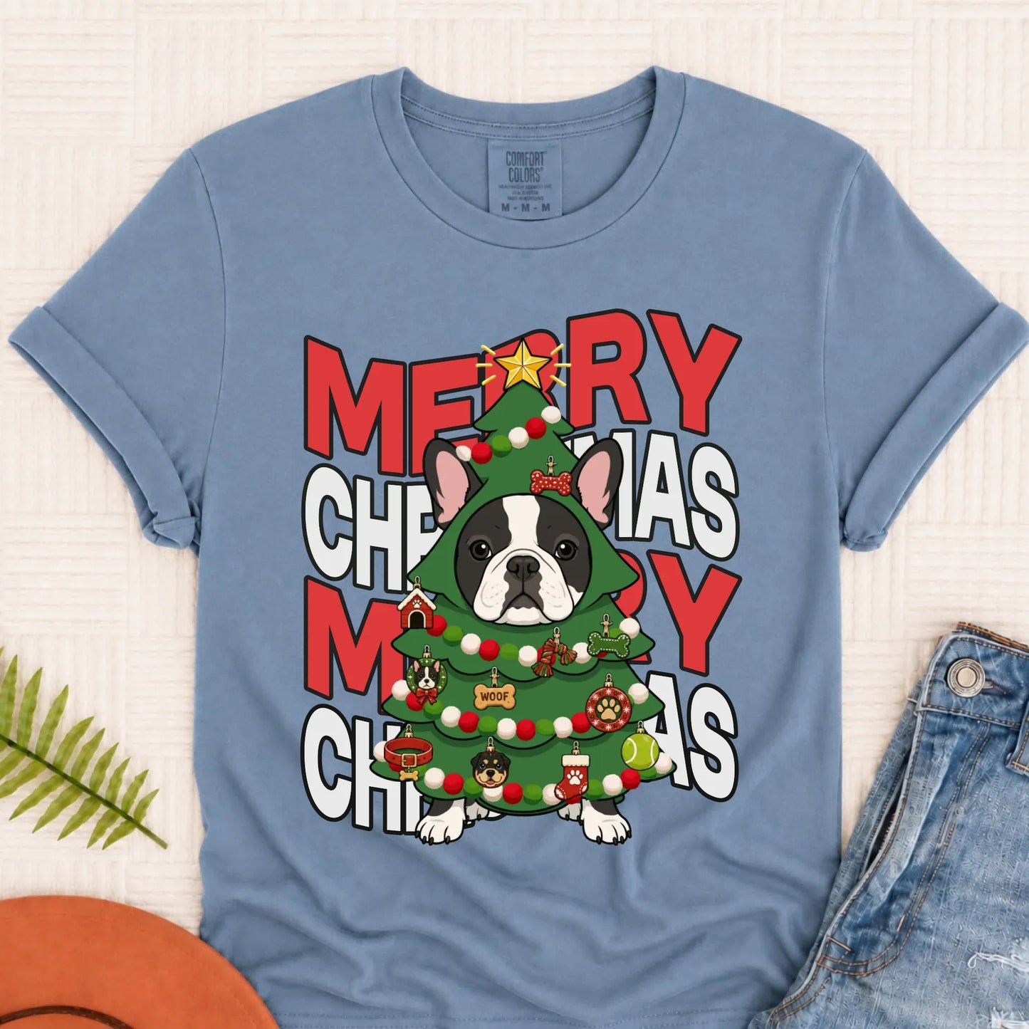 Custom Frenchie Christmas Tree Unisex TShirt Blue Jean