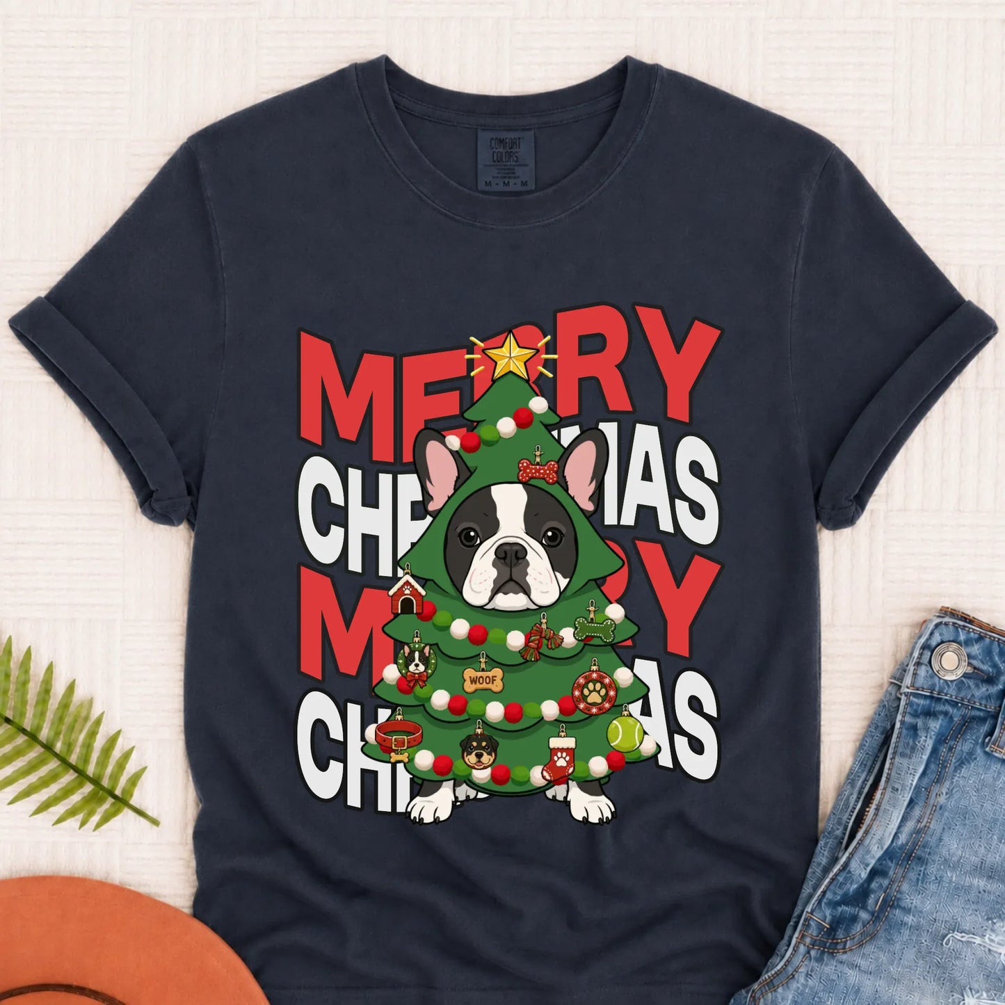 Custom Frenchie Christmas Tree Unisex TShirt Navy