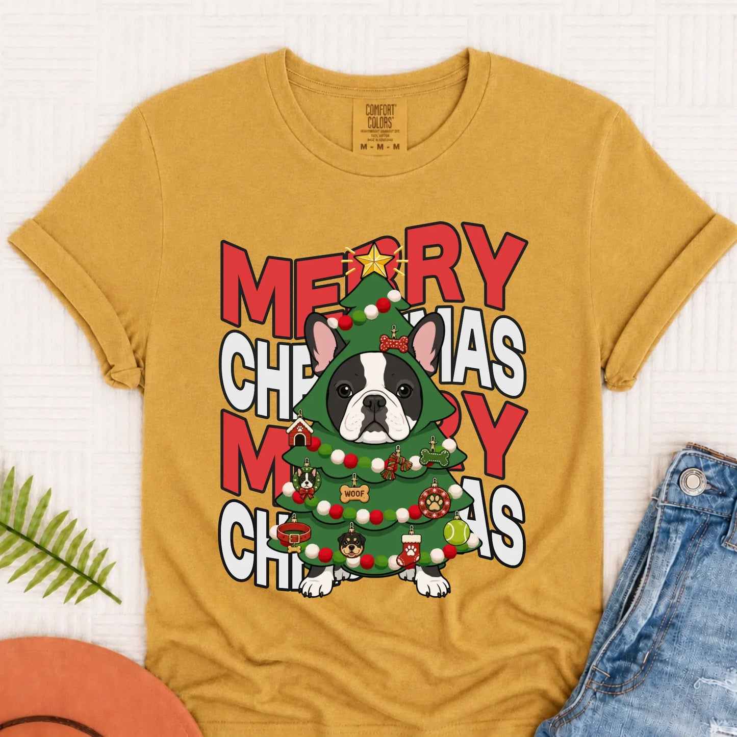 Custom Frenchie Christmas Tree Unisex TShirt Mustard