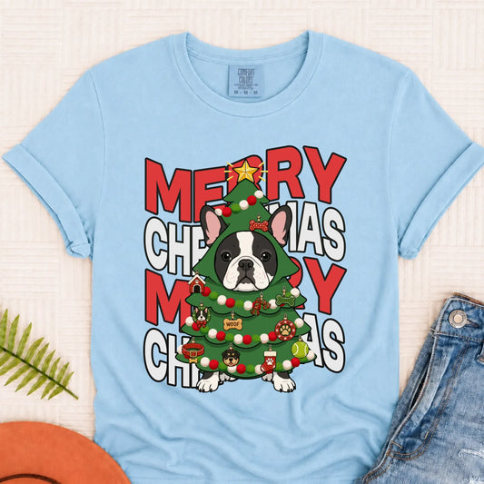 Custom Frenchie Christmas Tree Unisex TShirt Chambray