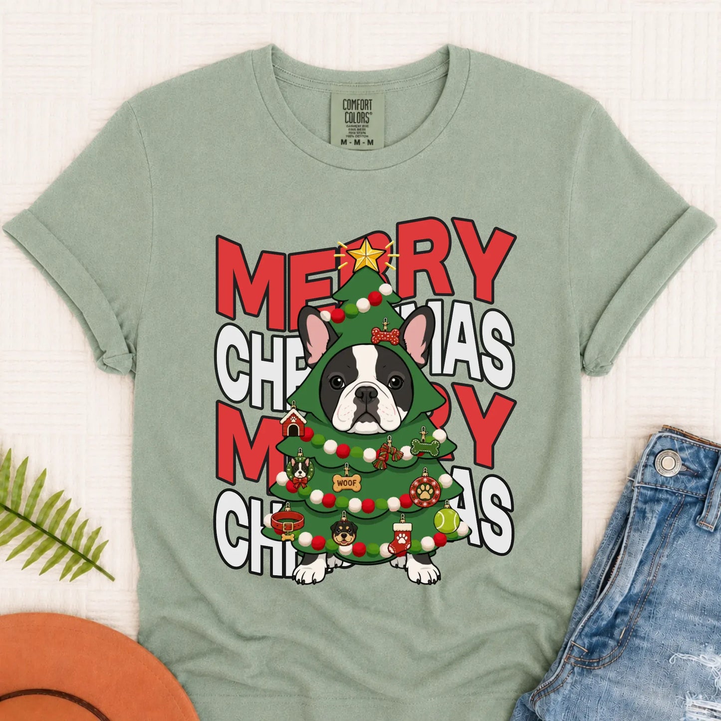 Custom Frenchie Christmas Tree Unisex TShirt Bay