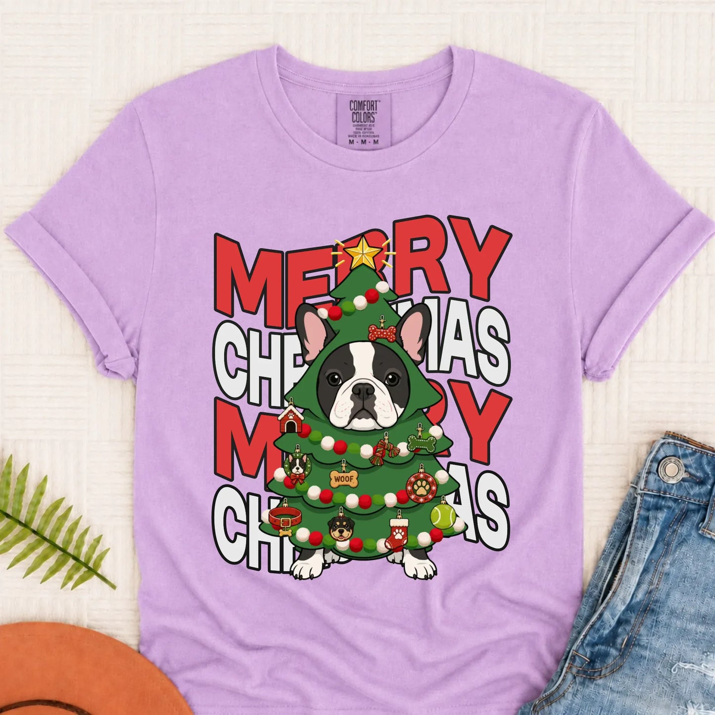 Custom Frenchie Christmas Tree Unisex TShirt Orchid