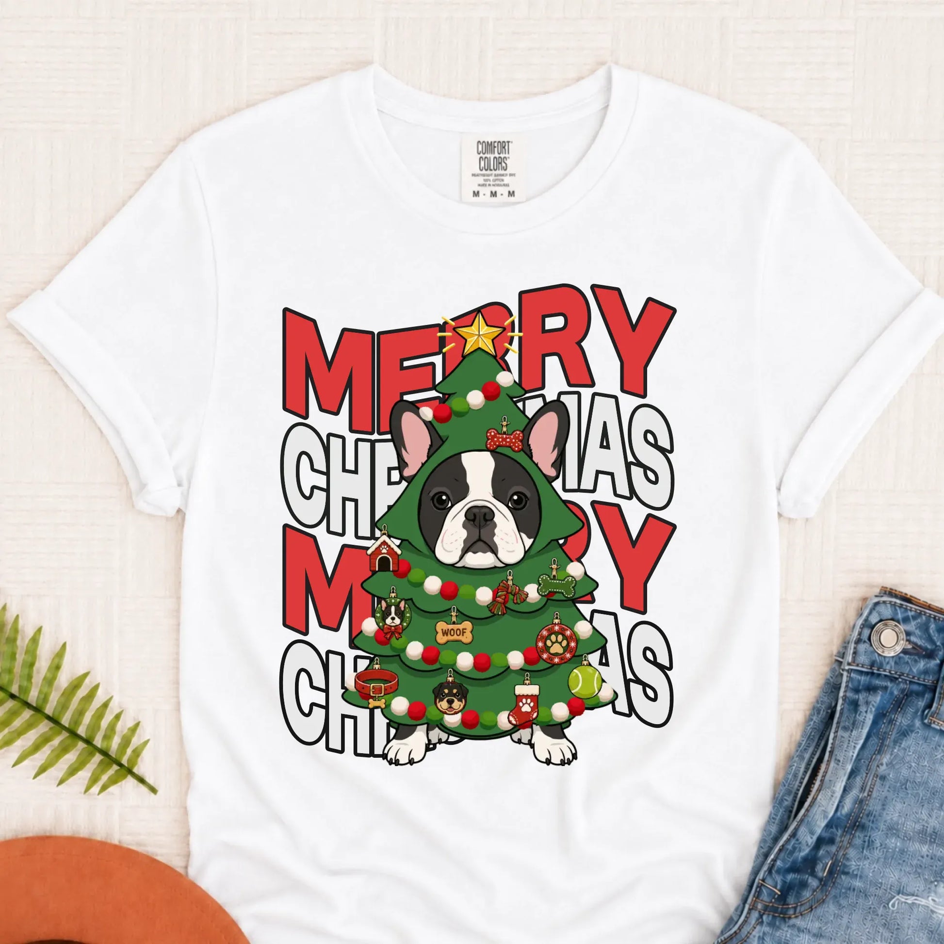 Custom Frenchie Christmas Tree Unisex TShirt White