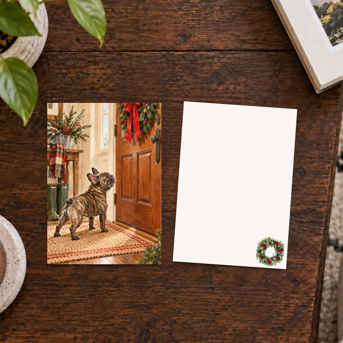 Customizer Flat Greeting Cards (envelopes included) / Default / 5" x 7" (square corner) / Eggshell / 1 pc Custom Frenchie Christmas Waiting Greeting Card Artwork