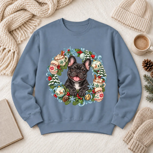 Custom Frenchie Christmas Wreath Unisex Sweatshirt Blue Jean