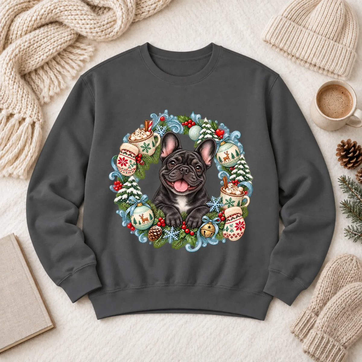 Custom Frenchie Christmas Wreath Unisex Sweatshirt Pepper
