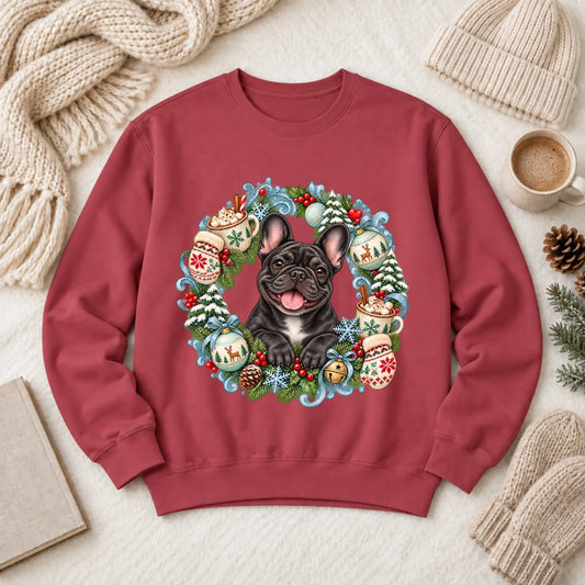 Custom Frenchie Christmas Wreath Unisex Sweatshirt Crimson
