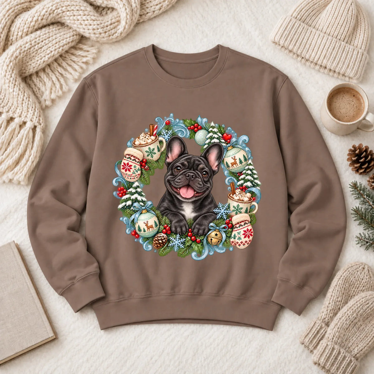 Custom Frenchie Christmas Wreath Unisex Sweatshirt Espresso