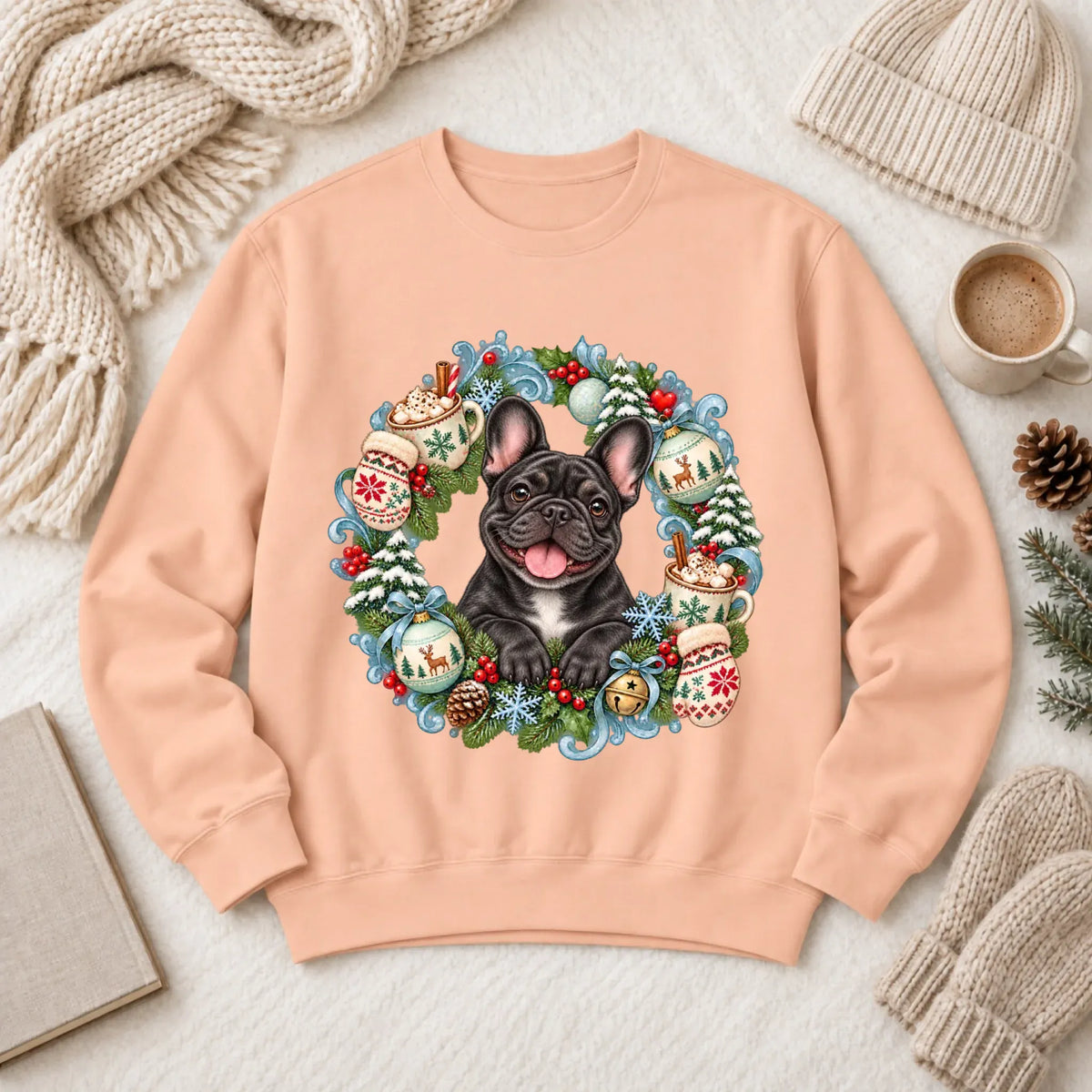 Custom Frenchie Christmas Wreath Unisex Sweatshirt Peachy