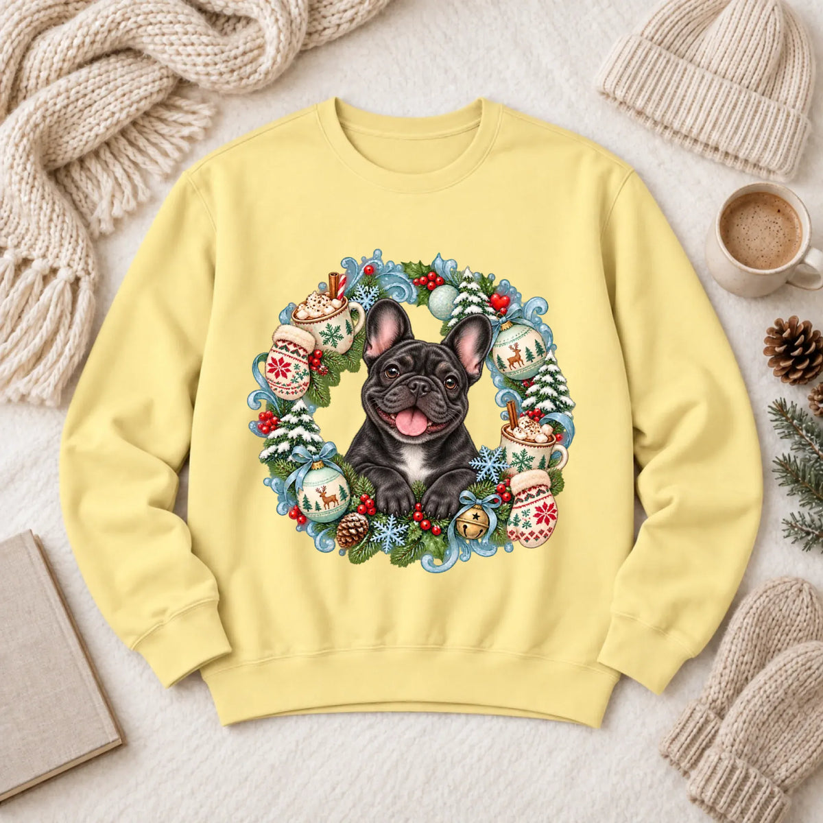 Custom Frenchie Christmas Wreath Unisex Sweatshirt Butter