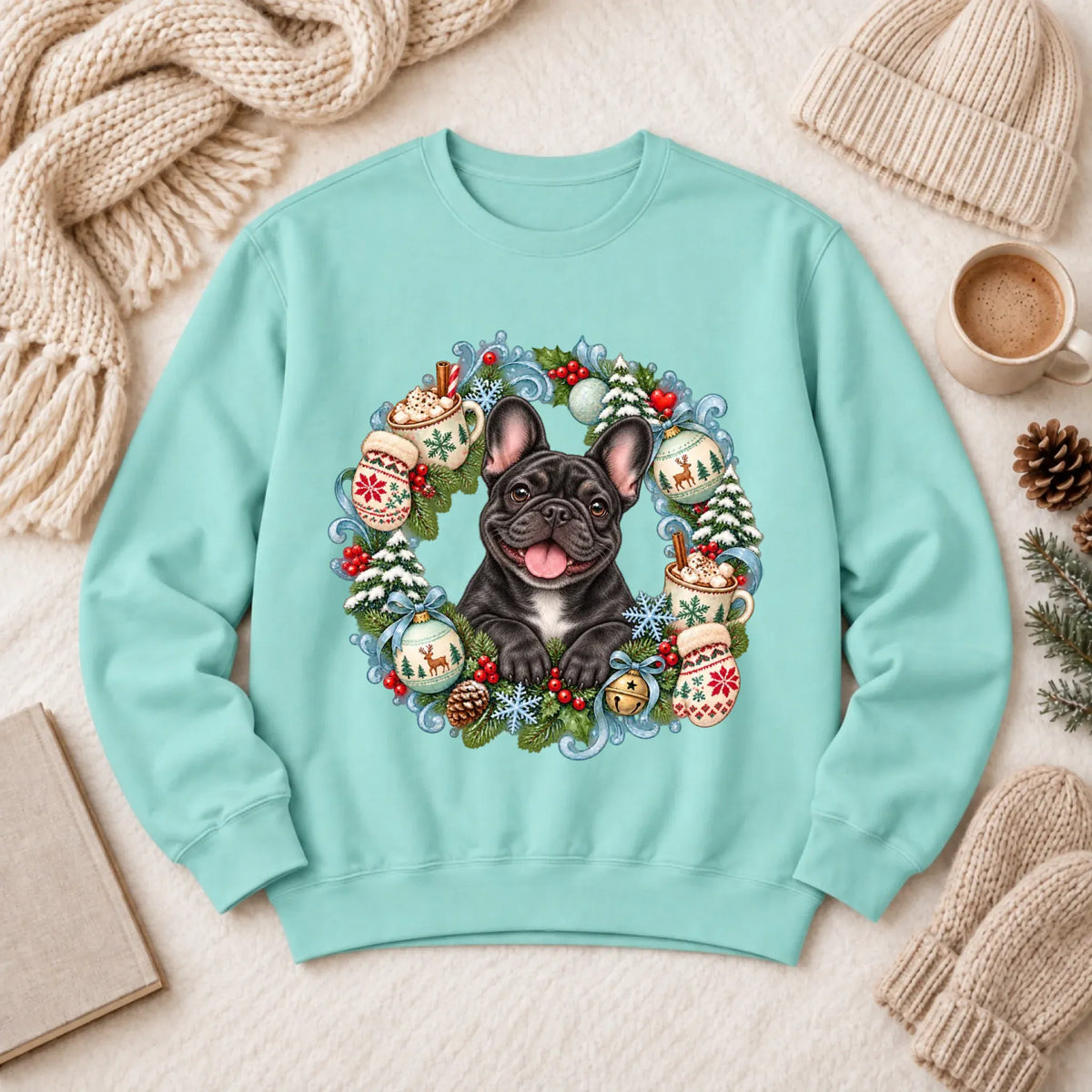 Custom Frenchie Christmas Wreath Unisex Sweatshirt Chalky Mint