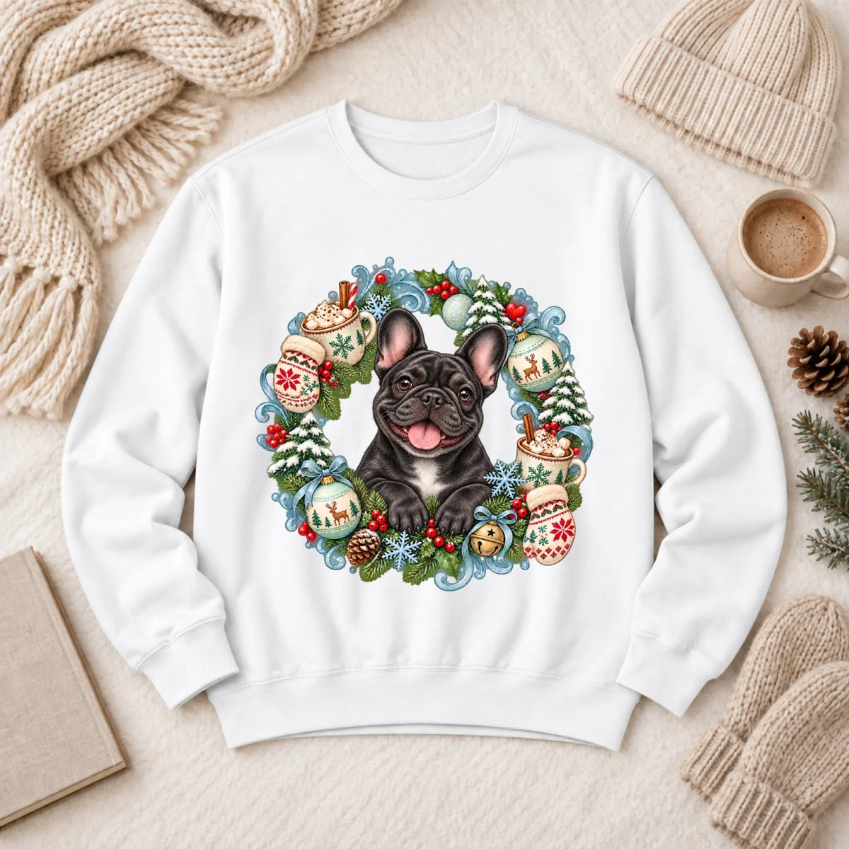 Custom Frenchie Christmas Wreath Unisex Sweatshirt White