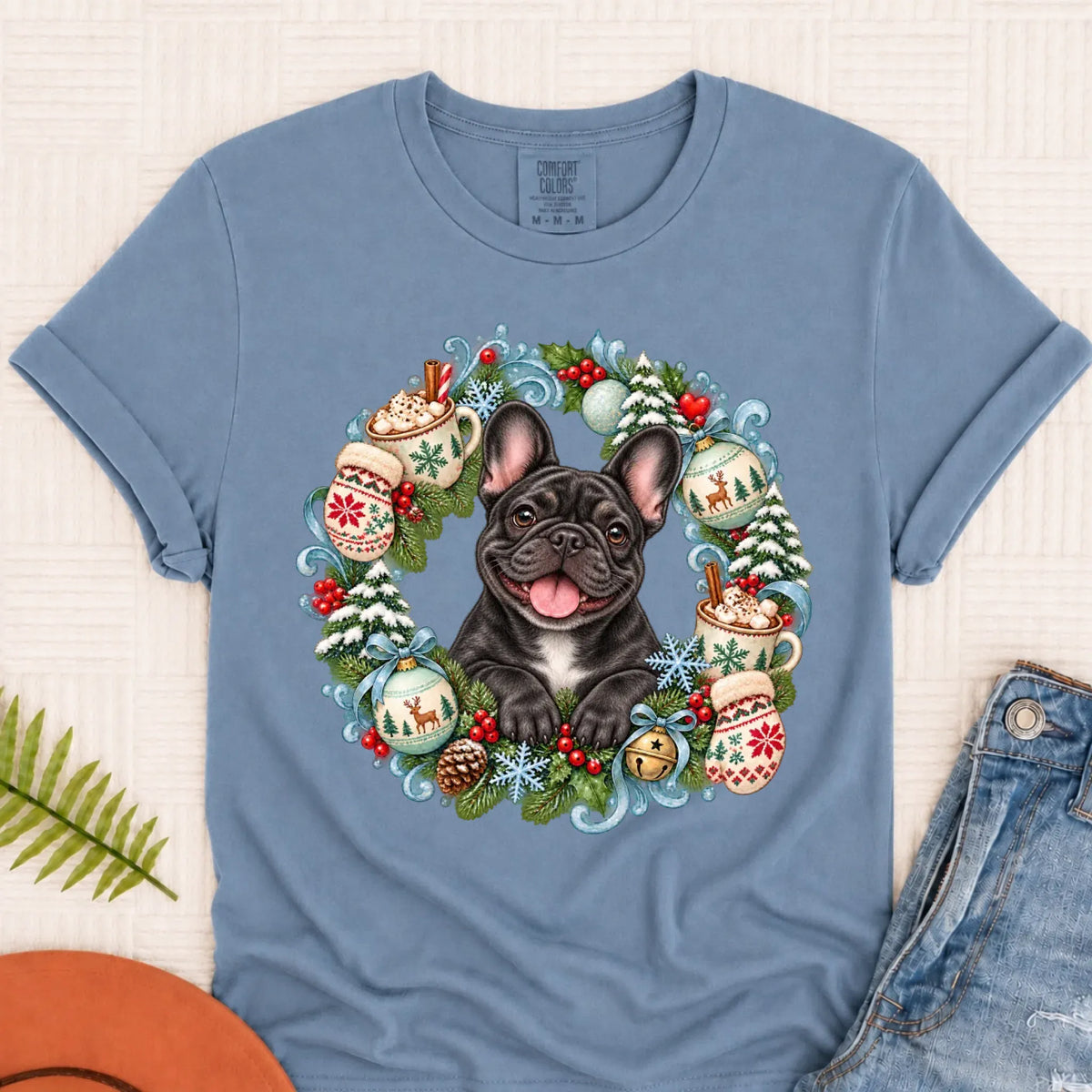Custom Frenchie Christmas Wreath Unisex Tshirt Blue Jean
