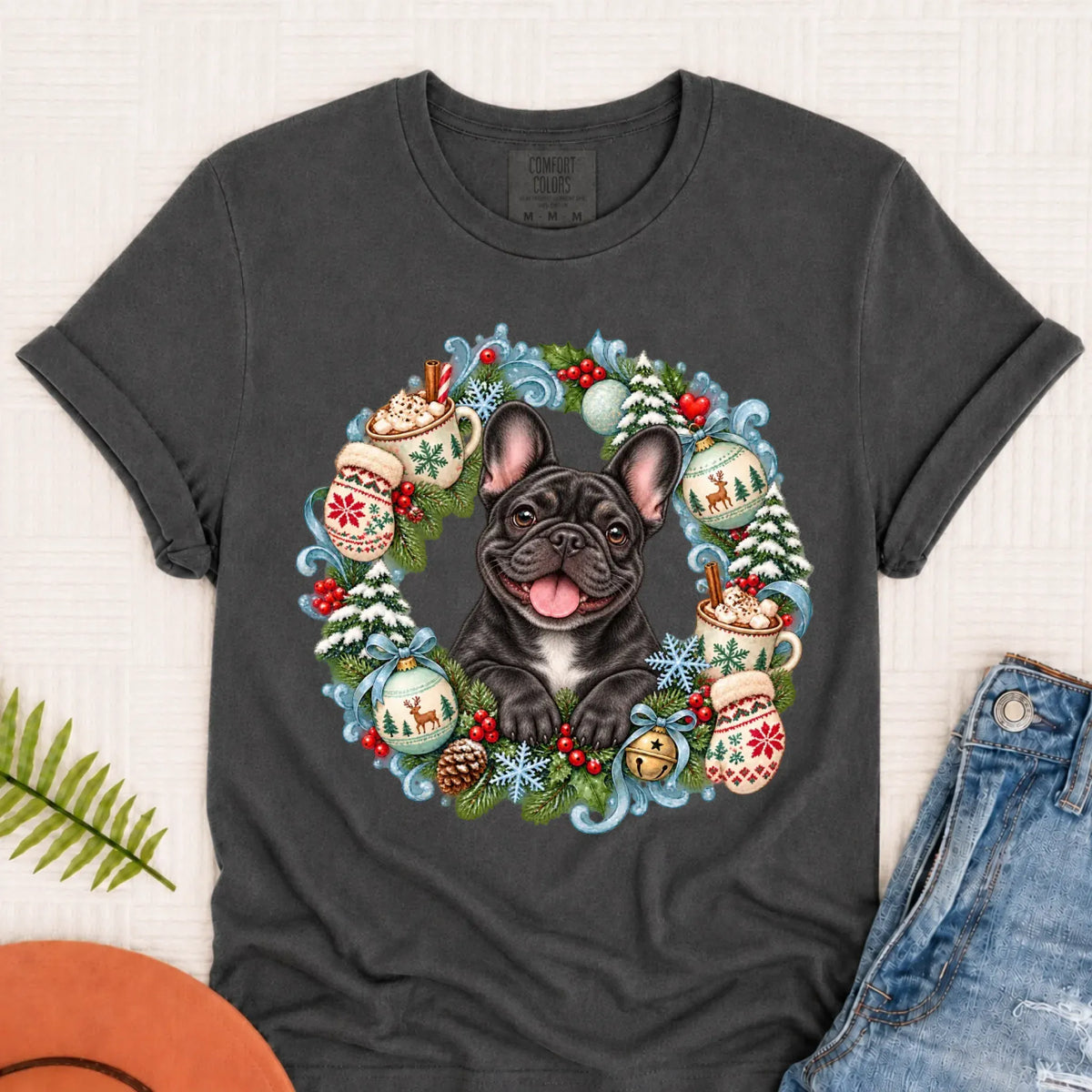 Custom Frenchie Christmas Wreath Unisex Tshirt Pepper