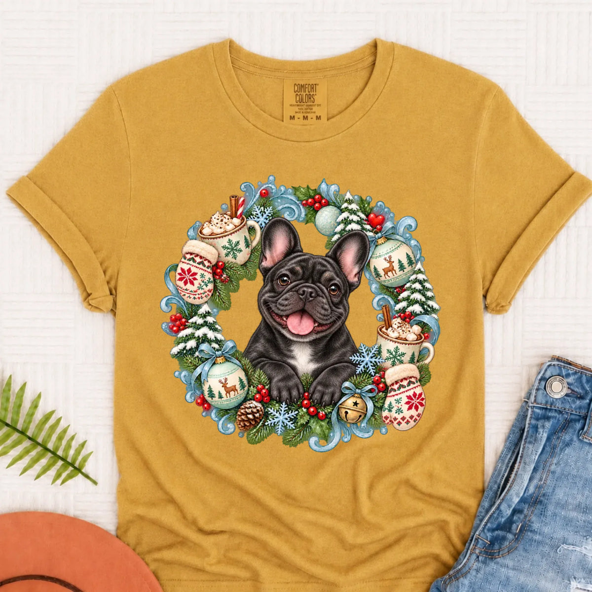 Custom Frenchie Christmas Wreath Unisex Tshirt Mustard