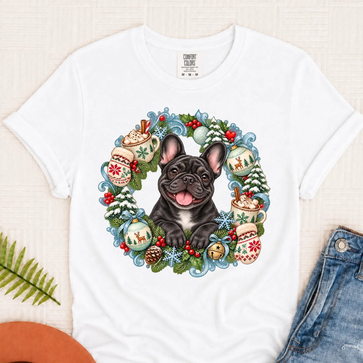 Custom Frenchie Christmas Wreath Unisex Tshirt White