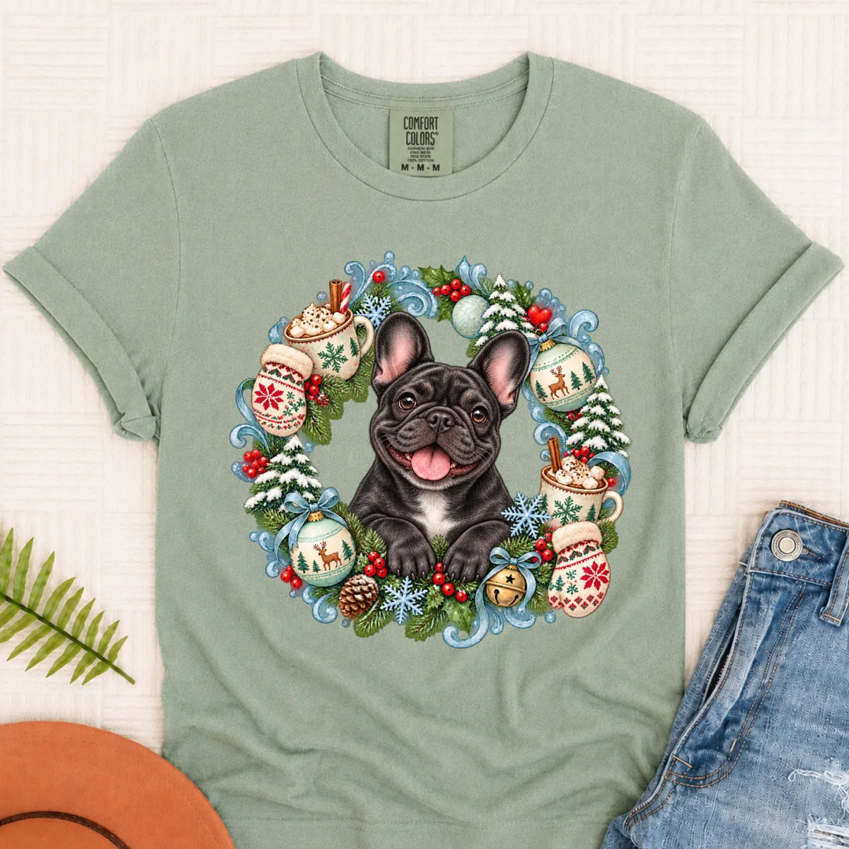 Custom Frenchie Christmas Wreath Unisex Tshirt Bay