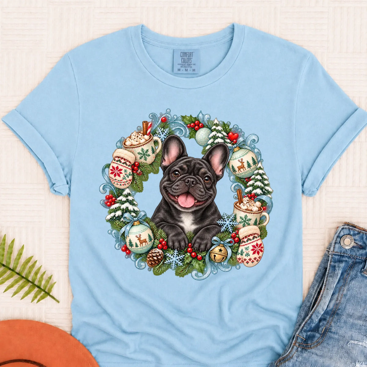 Custom Frenchie Christmas Wreath Unisex Tshirt Chambray