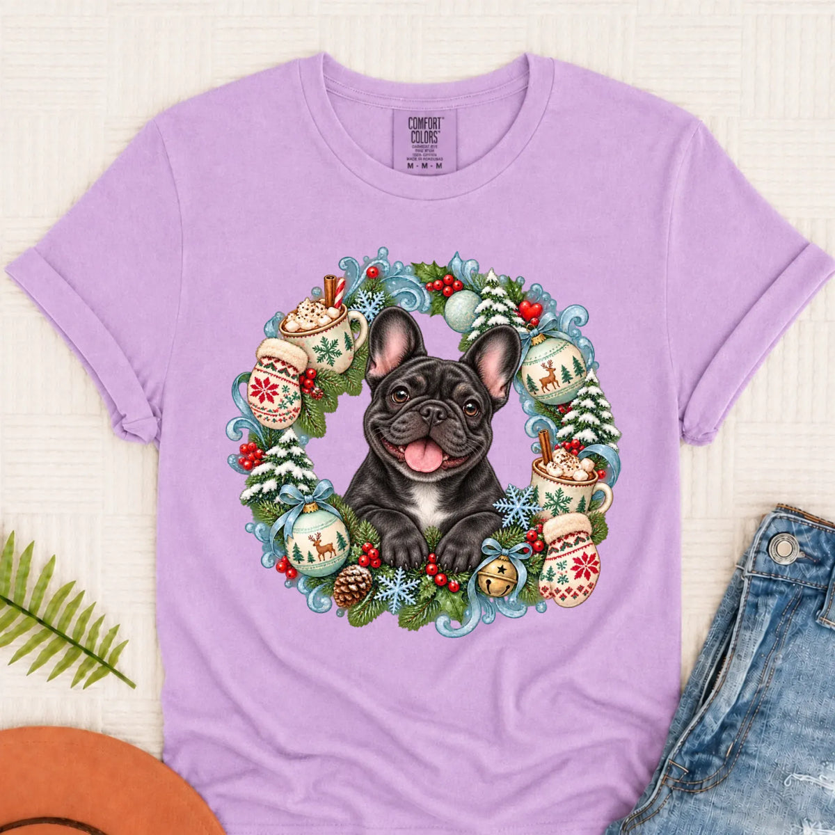 Custom Frenchie Christmas Wreath Unisex Tshirt Orchid