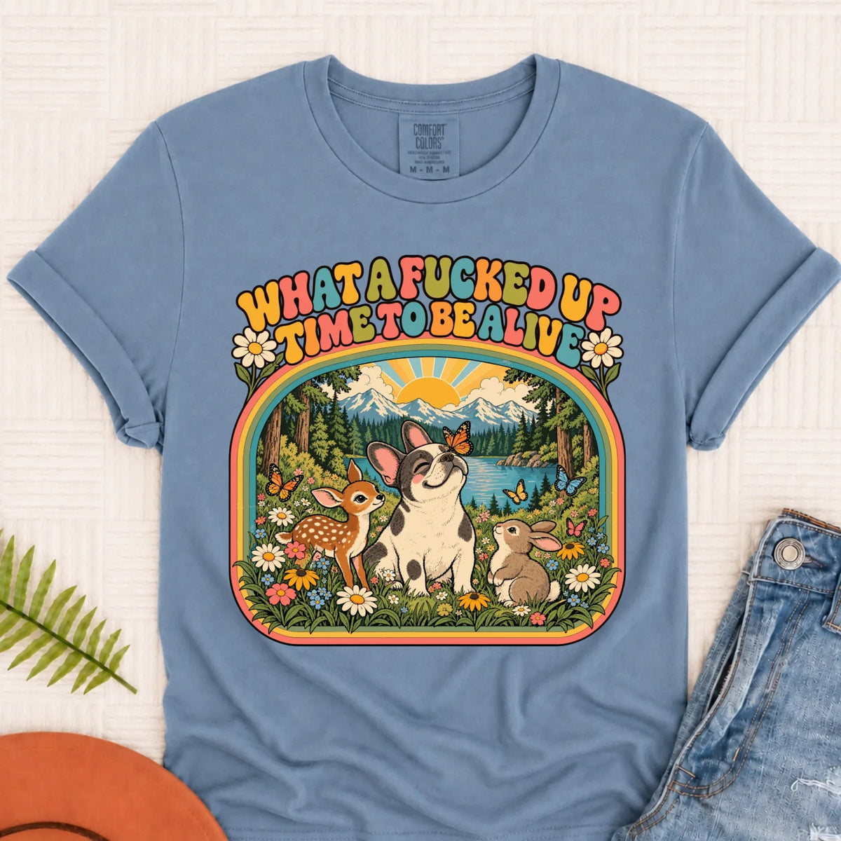 Custom Frenchie Crazy Time Funny Unisex Tshirt Blue Jean