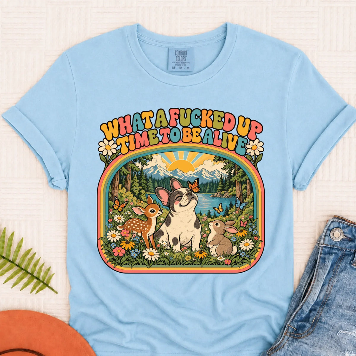 Custom Frenchie Crazy Time Funny Unisex Tshirt Chambray